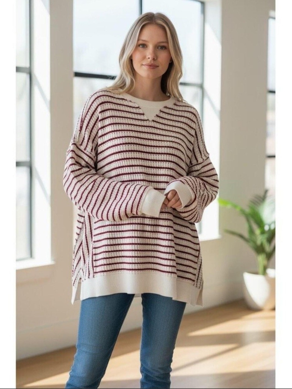 American Eagle Outfitters Striped Scoopneck Sweater - Cream & Burgundy